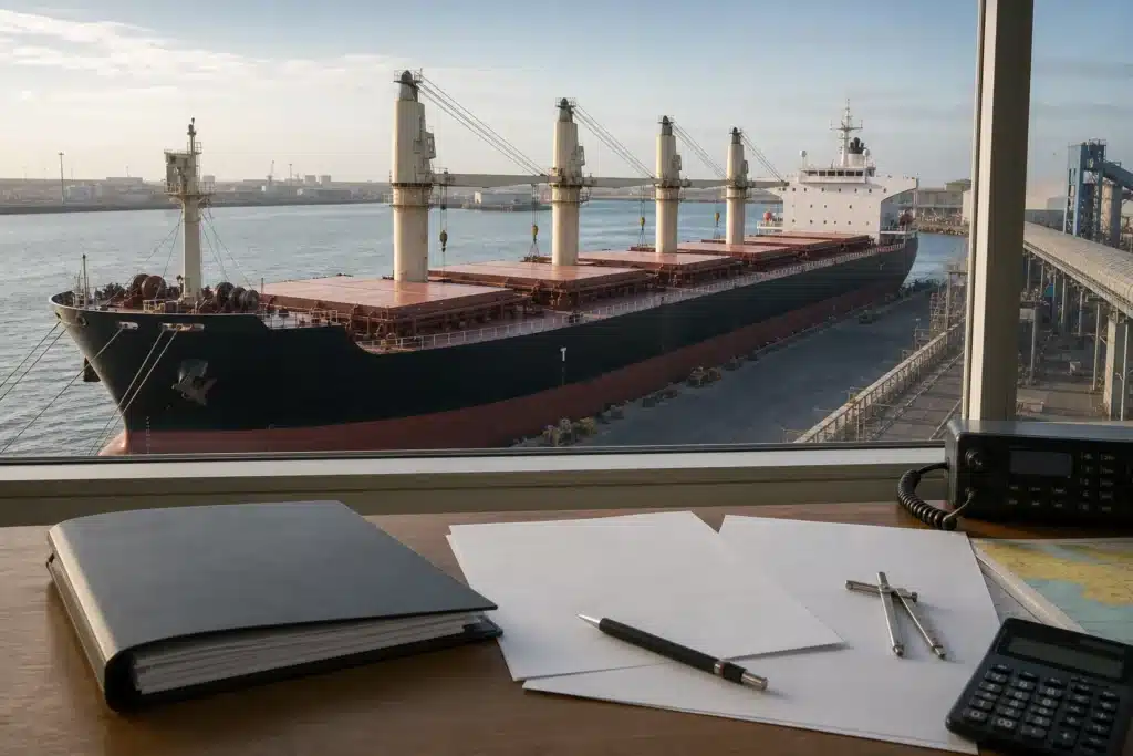 Charter party documents reviewed beside a geared dry bulk carrier at a commercial port.