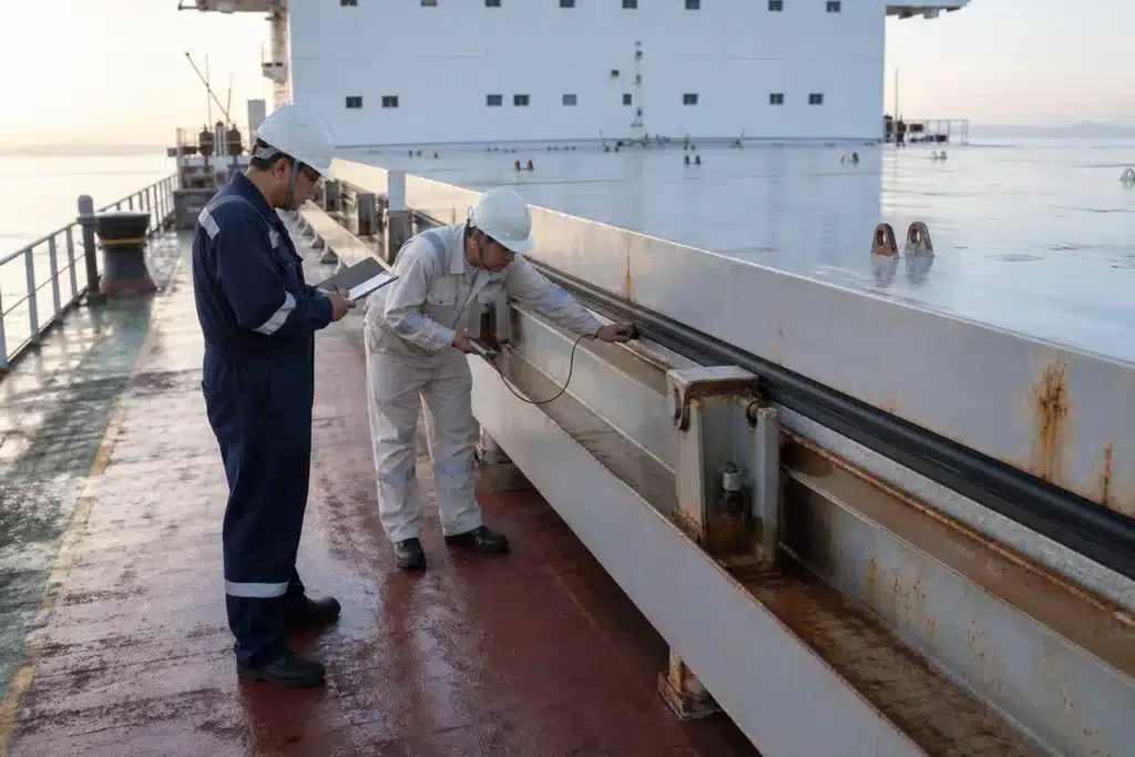 Marine surveyor inspecting a bulk carrier hatch cover seal before cargo loading